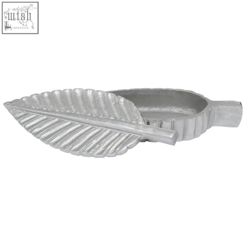 Silver plume box ashtray shaped like a textured leaf with a silver finish and rectangular base for stylish use