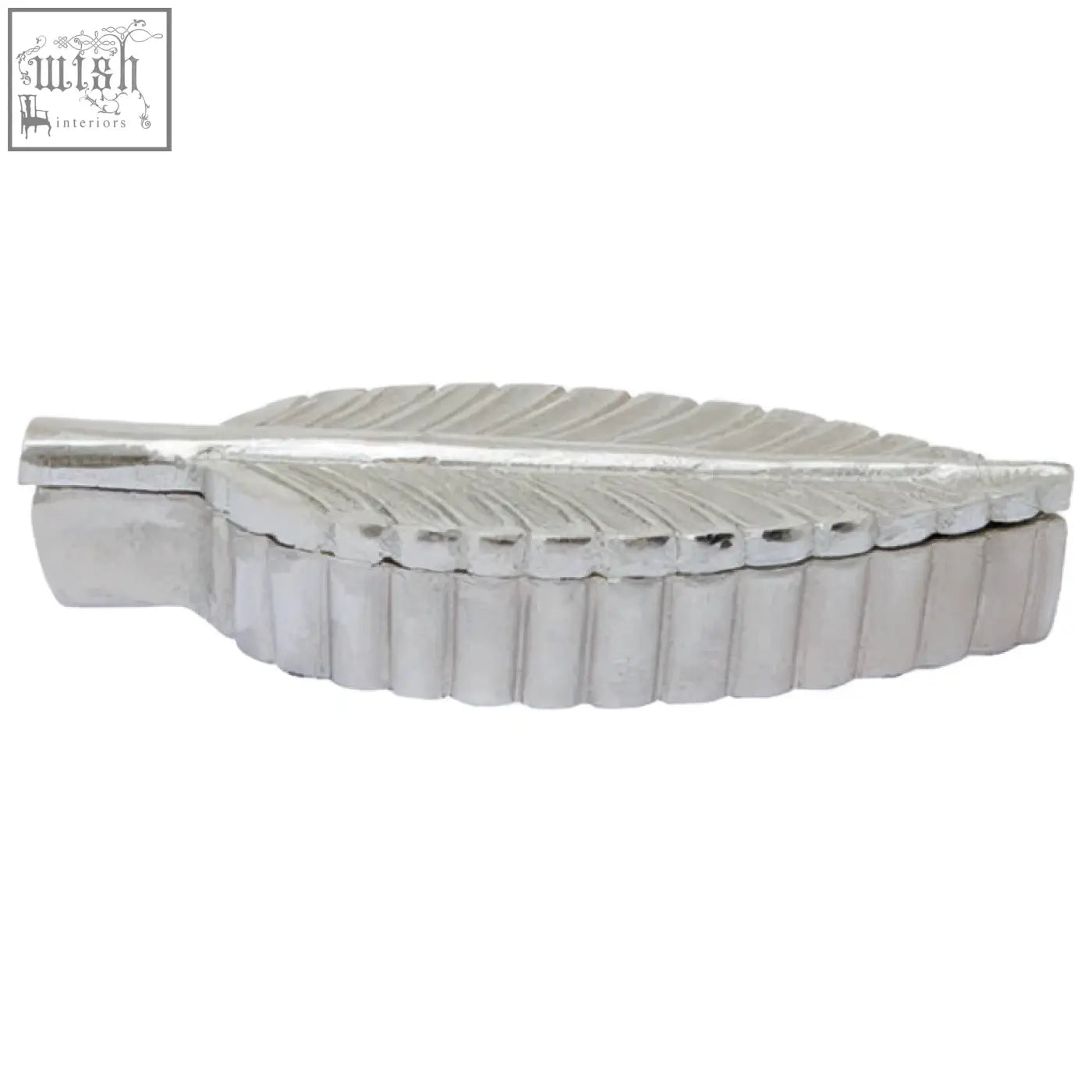 Silver plume box shaped like a leaf with detailed veining and textured ridged edges in silver finish
