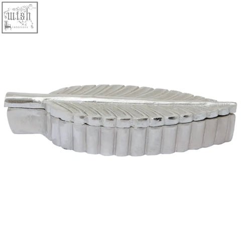 Silver plume box shaped like a leaf with detailed veining and textured ridged edges in silver finish