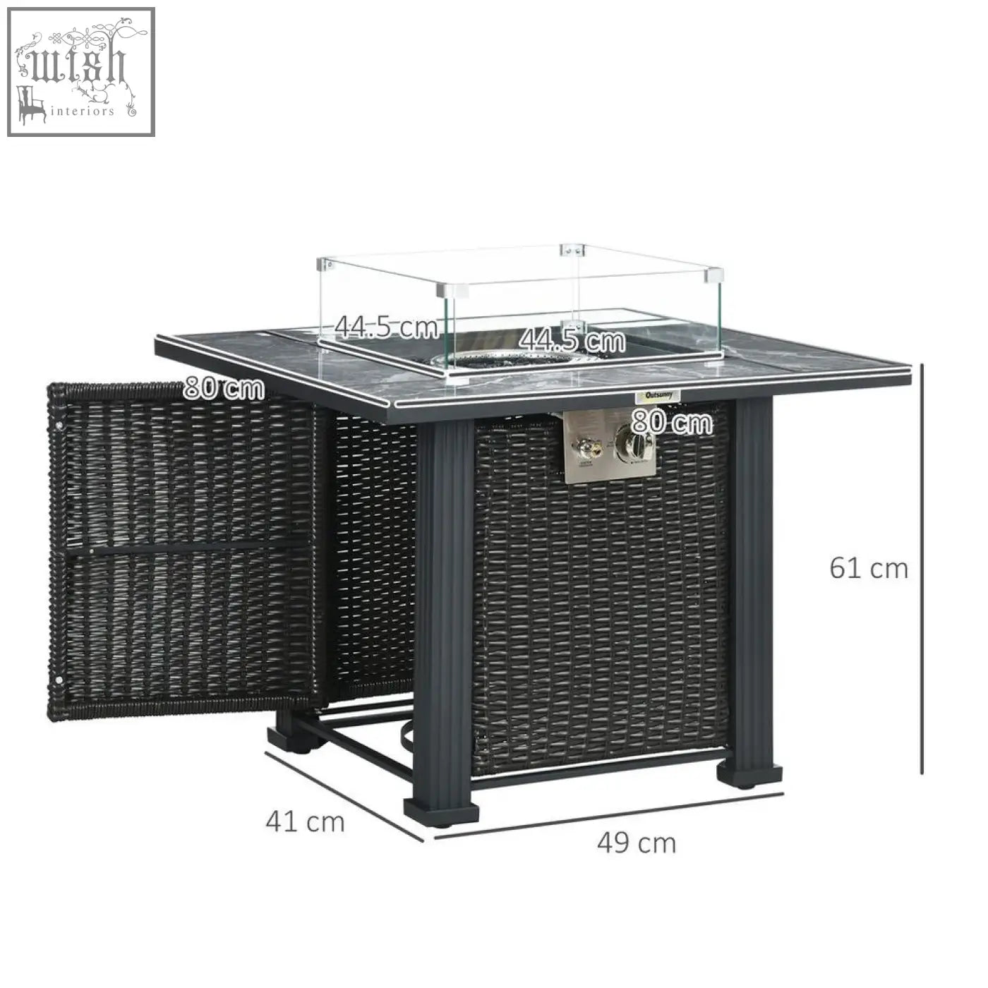 Black stylish rattan outsunny gas pit table with 50,000 btu burner glass top and storage compartment