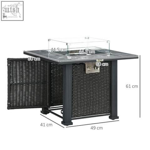 Black stylish rattan outsunny gas pit table with 50,000 btu burner glass top and storage compartment
