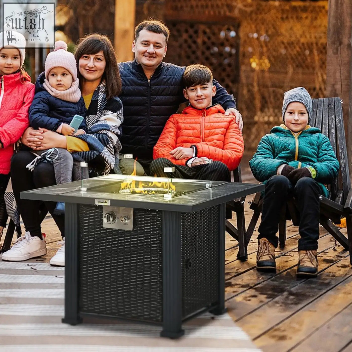 Black wicker stylish rattan pit table with glass top and 50,000 BTU outsunny gas flame display for outdoor use