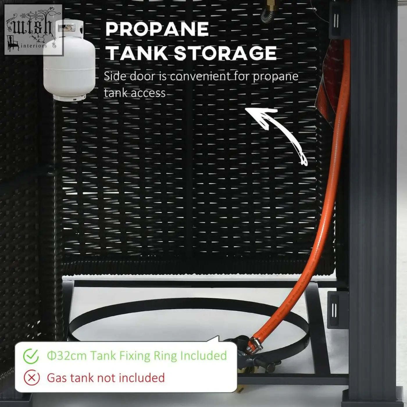 Black wicker propane tank storage unit with side door for easy access on stylish rattan outsunny gas pit table