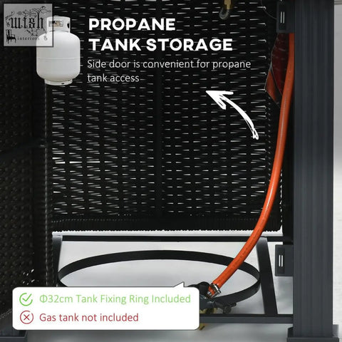 Black wicker propane tank storage unit with side door for easy access on stylish rattan outsunny gas pit table