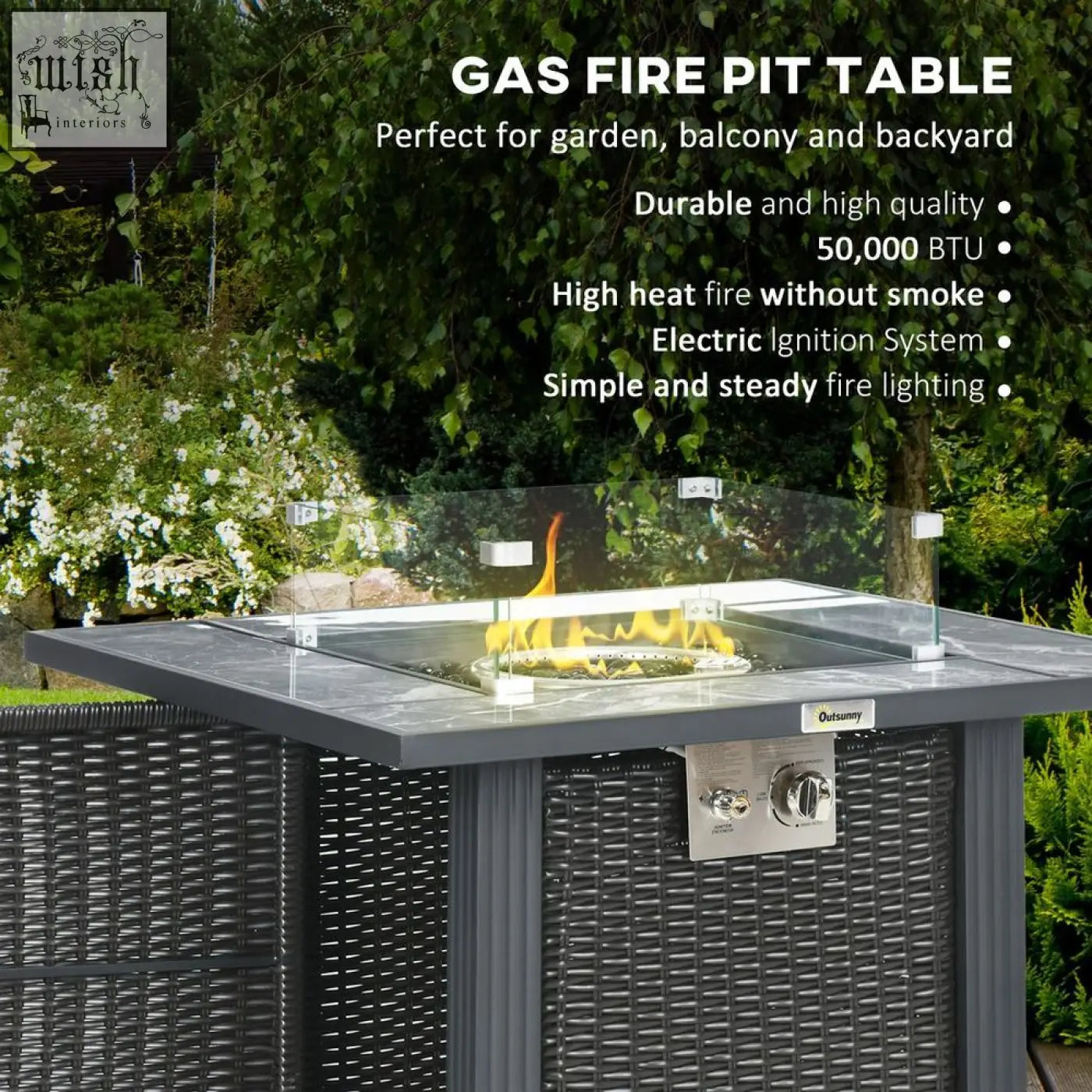 Gray wicker outsunny gas pit table with glass top stainless steel control panel and stylish rattan design