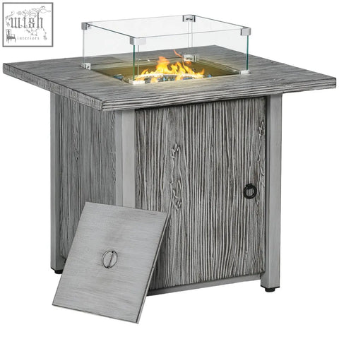 Gray wood-grain outsunny gas fire pit table with 40000 btu burner and glass enclosure showing flame