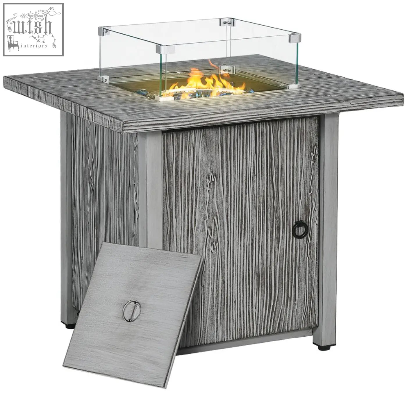 Gray wood-grain outsunny gas fire pit table with 40,000 btu burner and glass enclosure flame visible