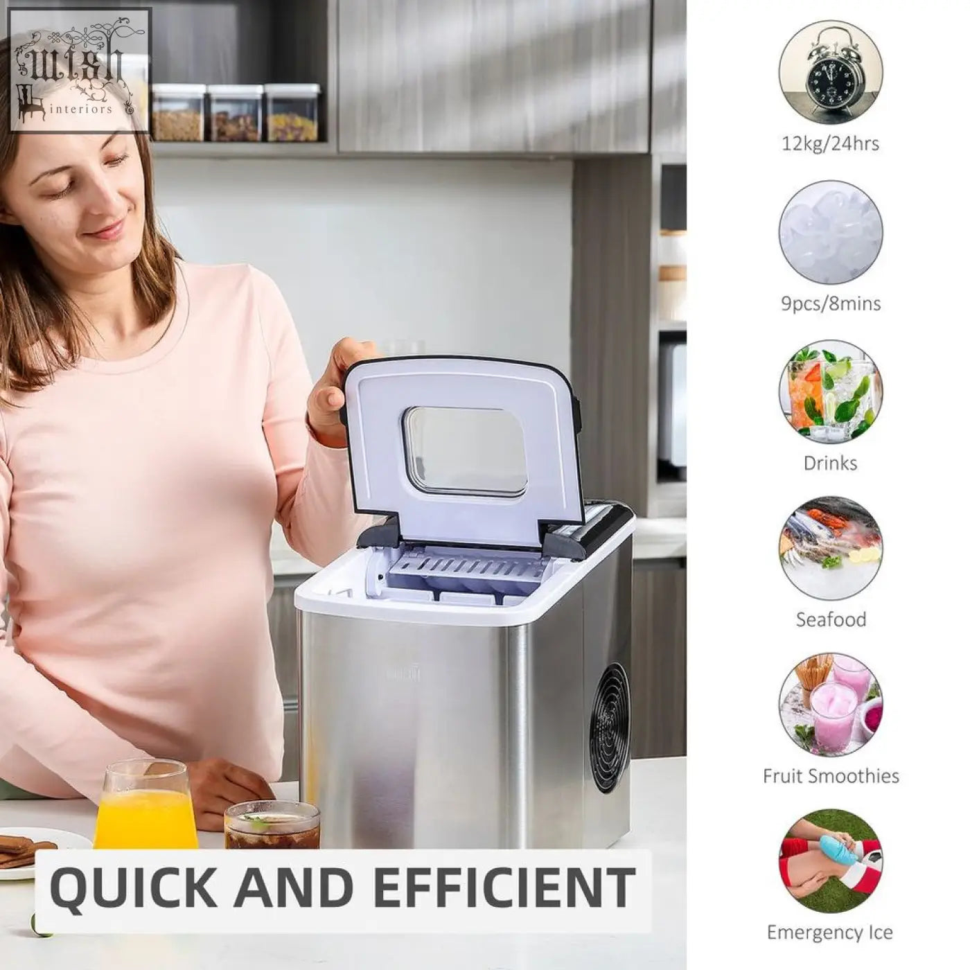 Stainless steel ice maker machine with white lid and window for home use 12kg capacity self-cleaning black design