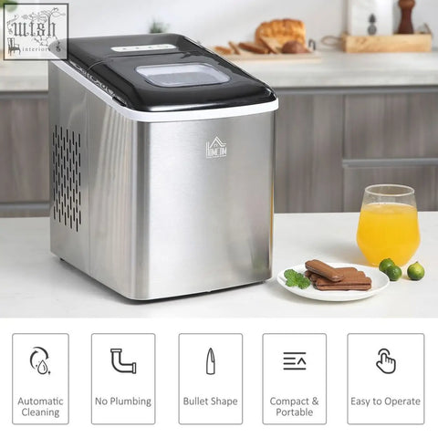 Stainless steel portable ice maker machine black top transparent window homecom logo 12kg capacity self cleaning
