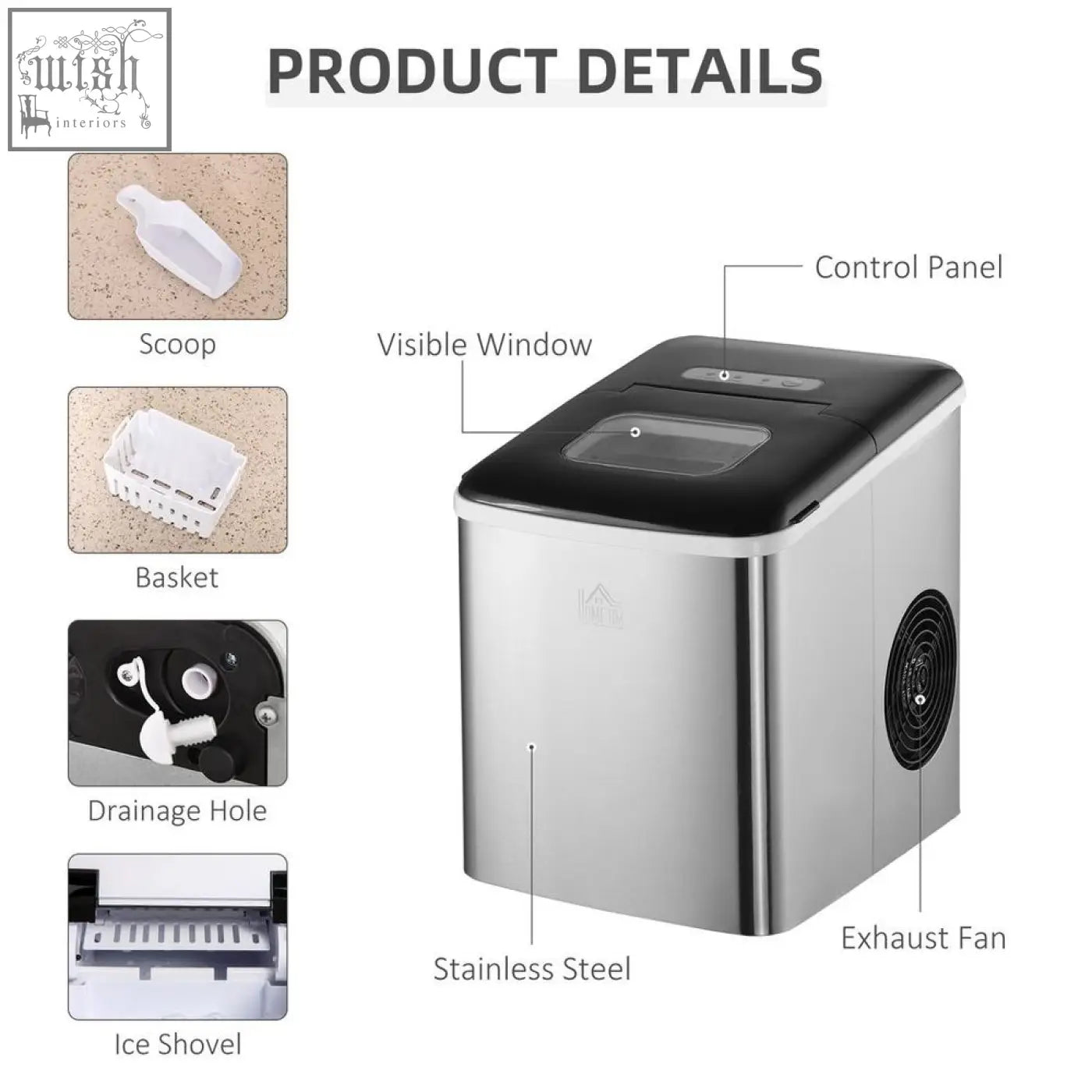Premium portable stainless steel ice maker machine with black top and window 12kg capacity self cleaning
