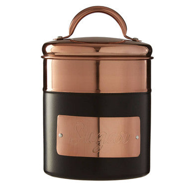 Prescott charcoal copper sugar canister with a copper plaque and handle in black and copper cylindrical design