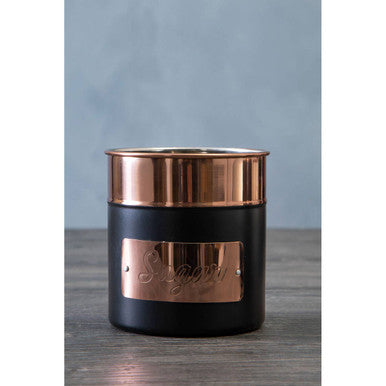 Black ceramic prescott charcoal sugar jar with copper sugar lid and matching engraved plaque for kitchen use