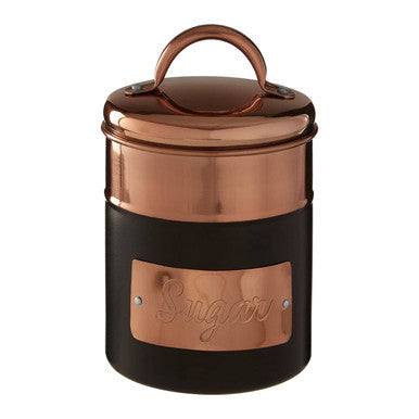 Prescott charcoal copper sugar canister with black body, copper finish, and engraved label for kitchen use