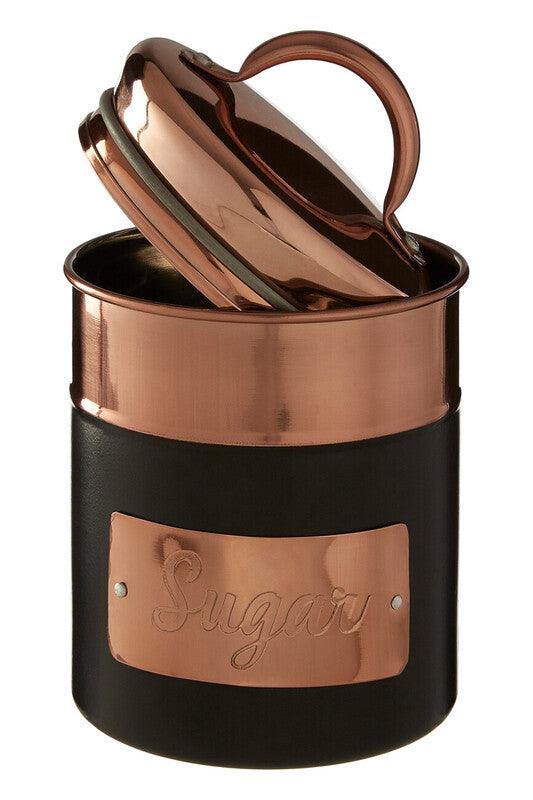 Prescott charcoal copper sugar canister with copper finish, heart-shaped lid, and black matte body for kitchen use