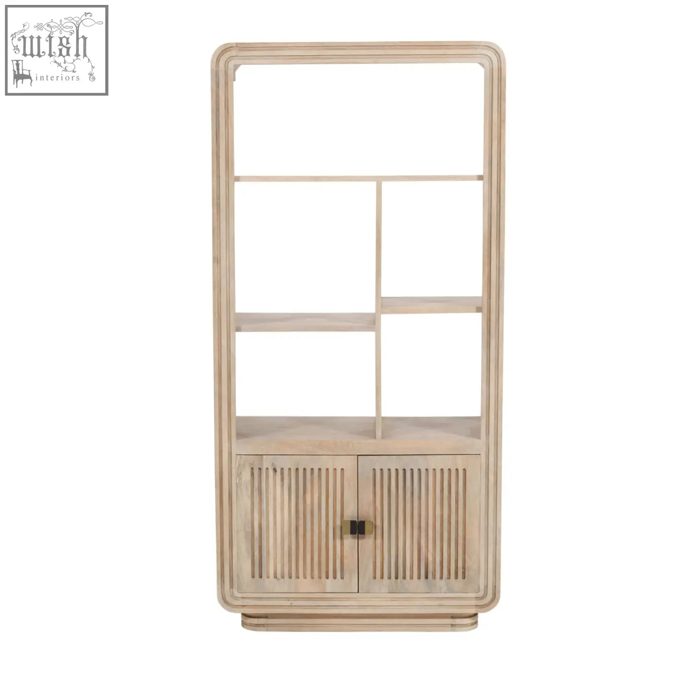 Light-colored preston bookcase made from sustainably sourced mango wood with modern open shelves and slatted cabinet doors