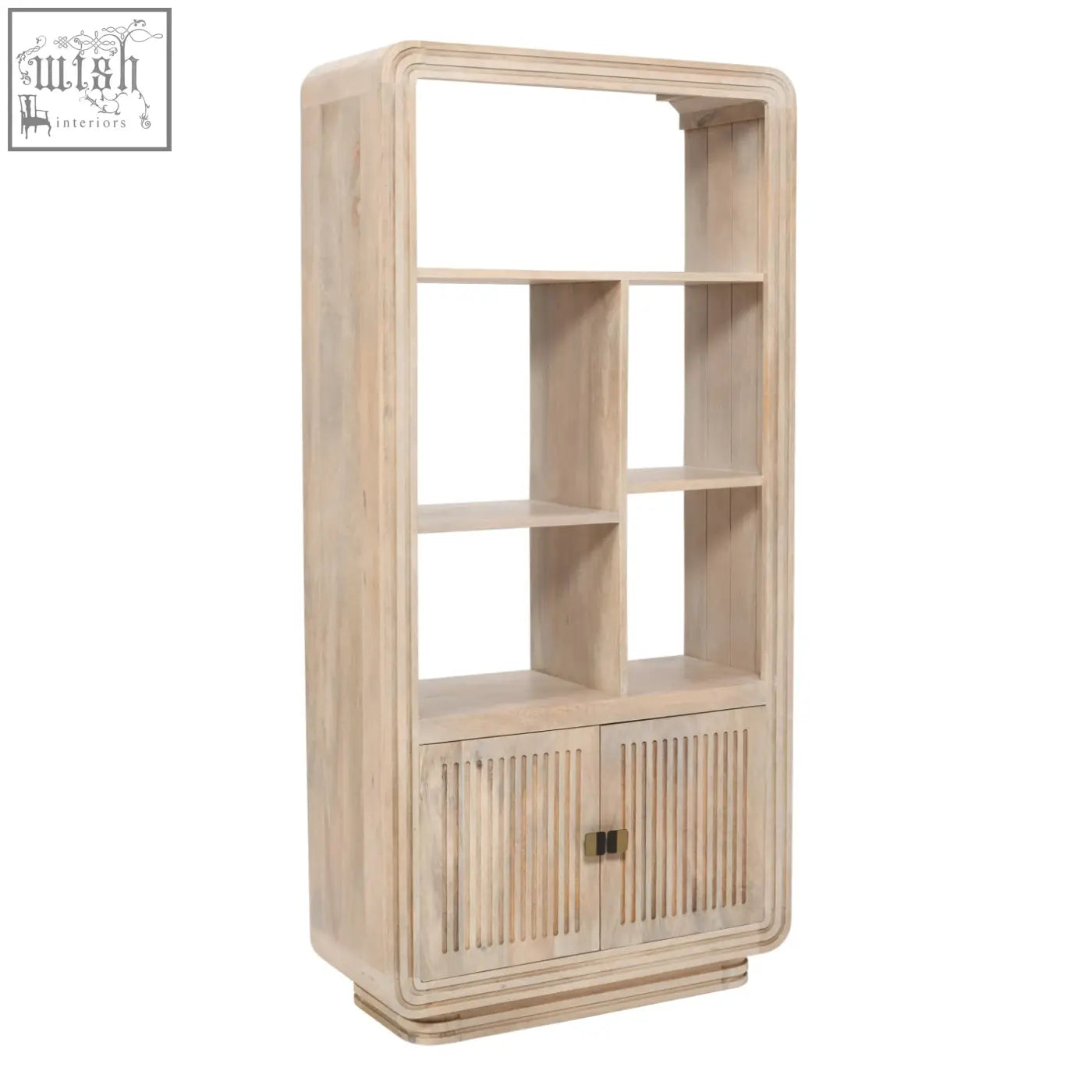 Light-colored preston bookcase made of sustainably sourced mango wood with modern curved slatted cabinet doors