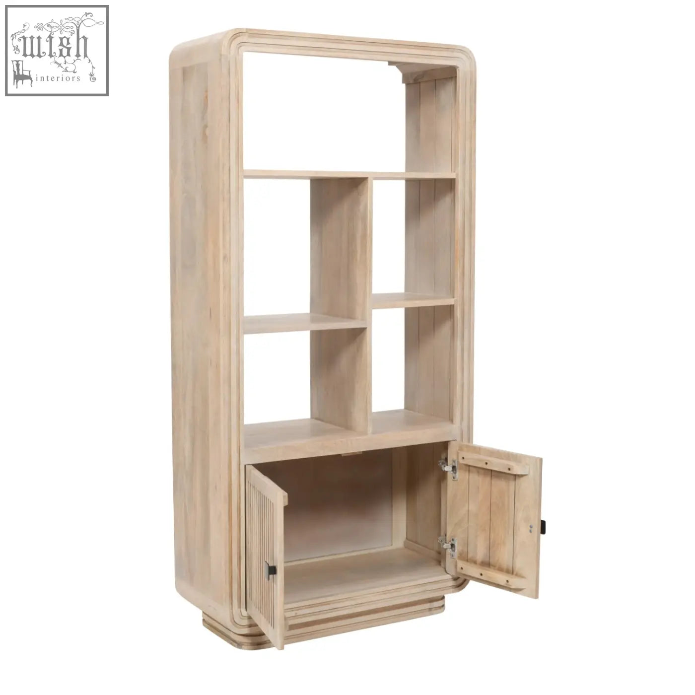 Light-colored preston bookcase with modern curved design made from sustainably sourced mango wood and open shelving