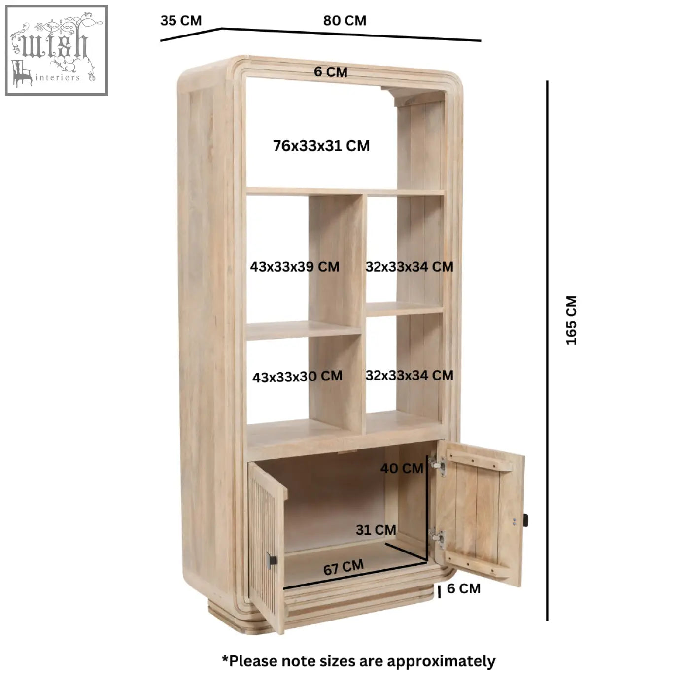 Light-colored preston bookcase made from sustainably sourced mango wood with open shelves and a lower cabinet door
