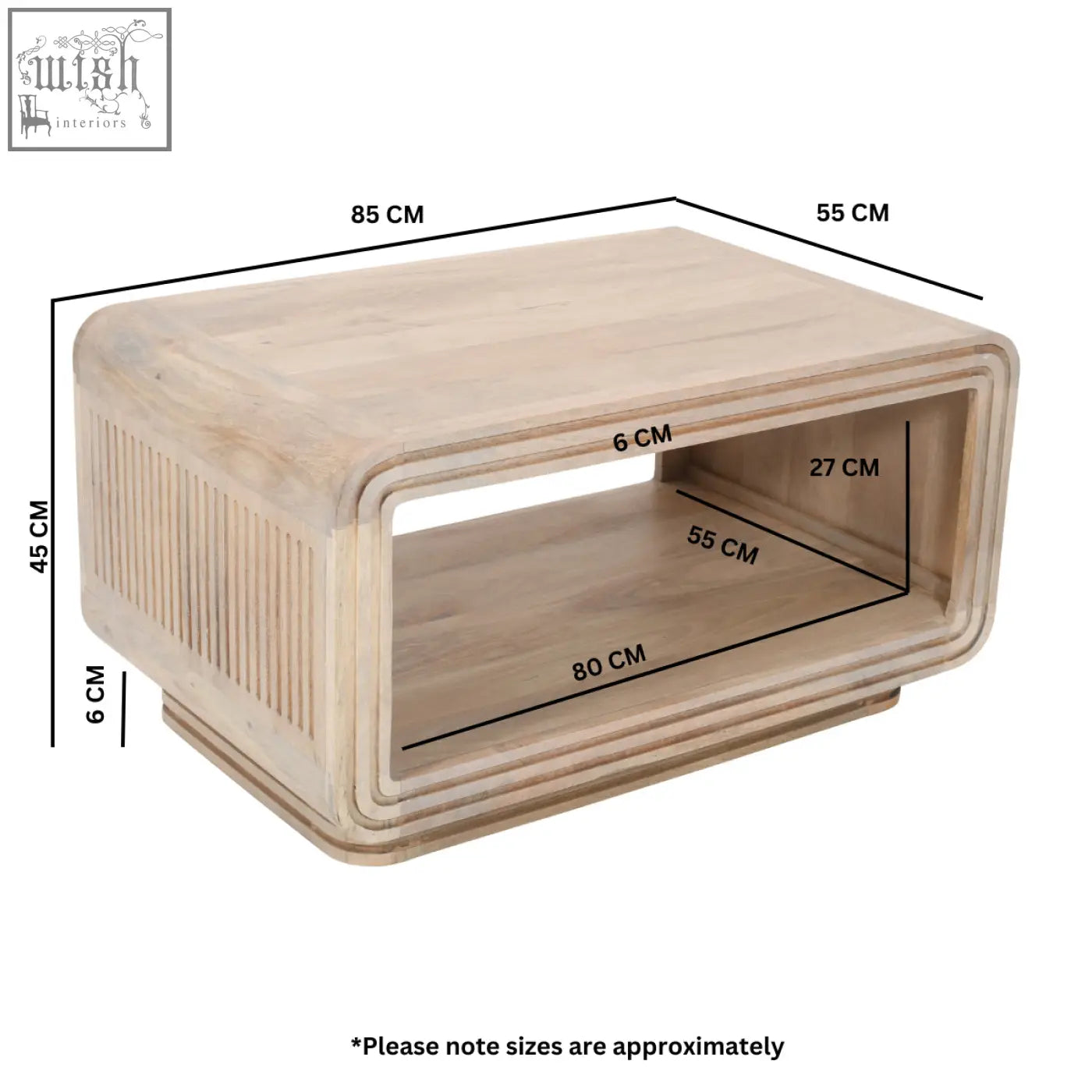 Light-colored preston coffee table made of mango wood with rectangular open shelf and vertical slats on side panels
