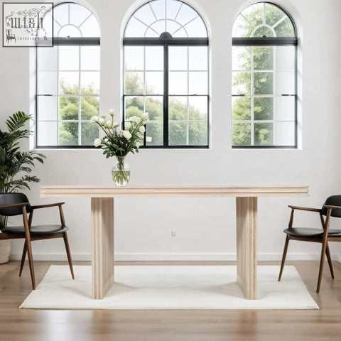 Preston mango wood dining table with light wood finish sleek minimalist design and sturdy rectangular legs