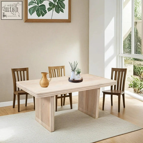 Light wood mango wood dining table with vertical slat legs and smooth rectangular top perfect for dining room