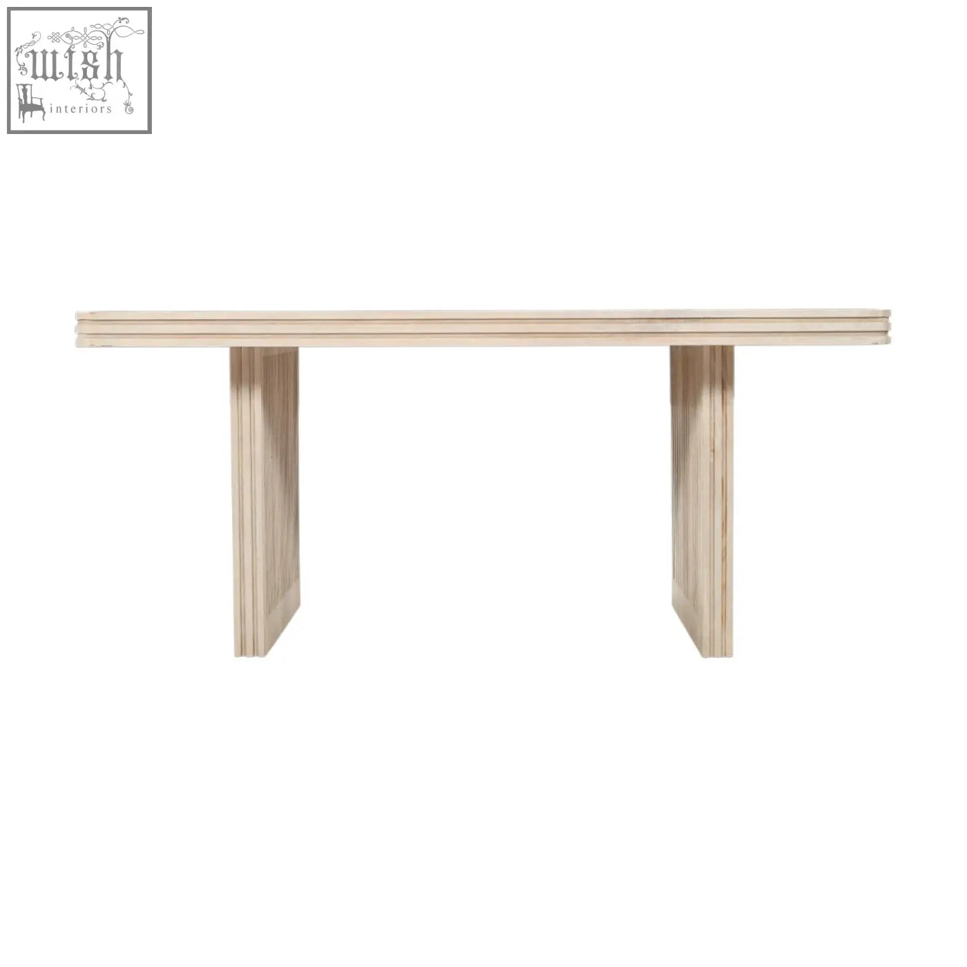 Minimalist mango wood dining table in light wood with clean lines and stacked panel legs for modern dining spaces