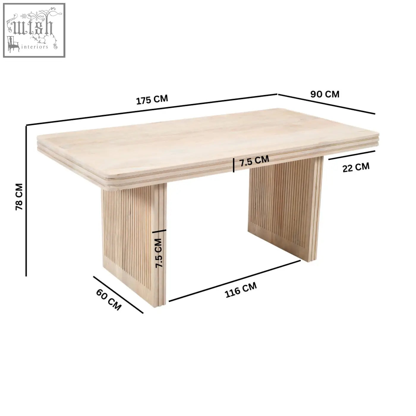 Preston mango wood dining table with light wood finish and vertical slat detailing on its minimalist rectangular legs