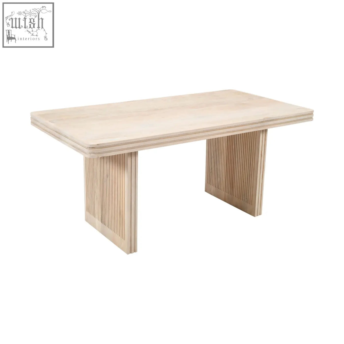 Preston mango wood dining table with minimalist rectangular design light wood finish and vertical slat legs