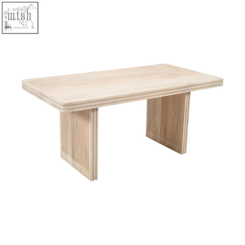 Preston mango wood dining table with minimalist rectangular design light wood finish and vertical slat legs