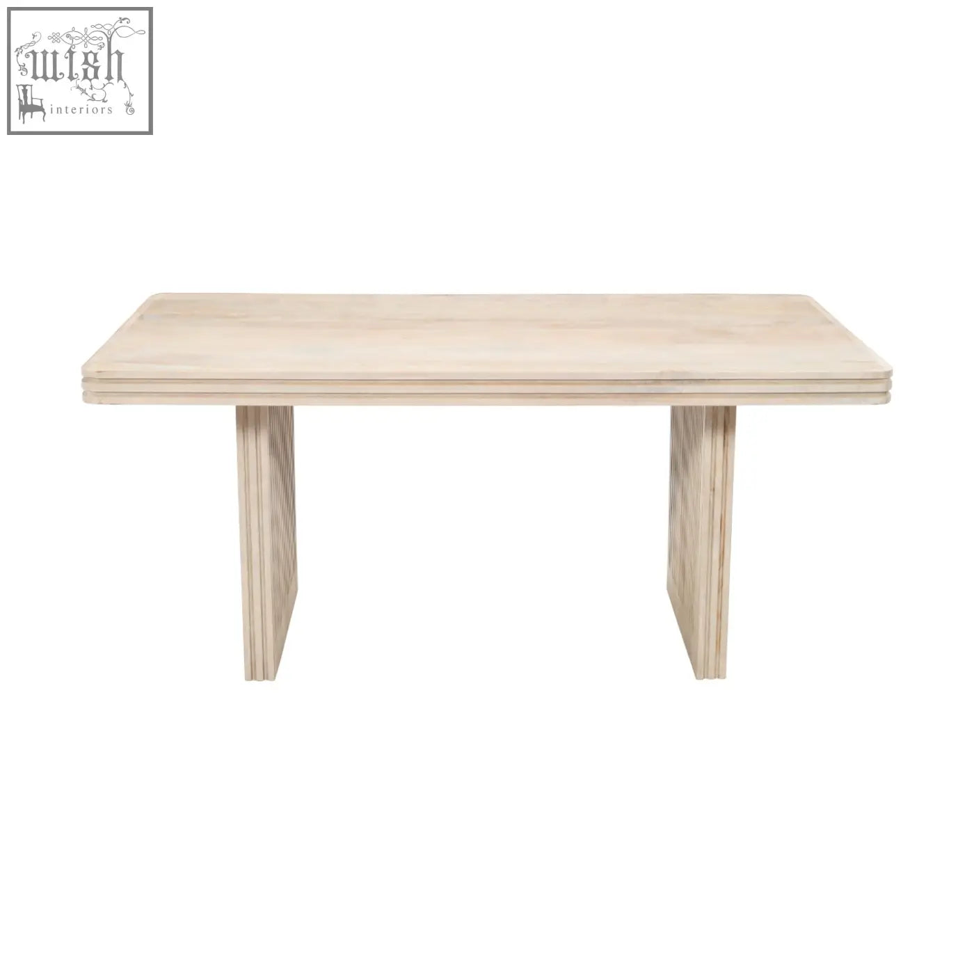 Minimalist rectangular dining table with light mango wood finish and sturdy vertically stacked plywood legs for dining use
