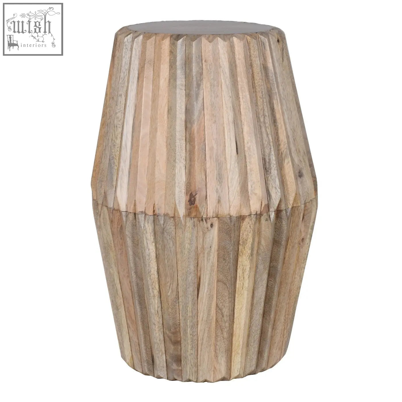 Rustic barrel-shaped end table made from light mango wood with vertical slats and a natural weathered finish