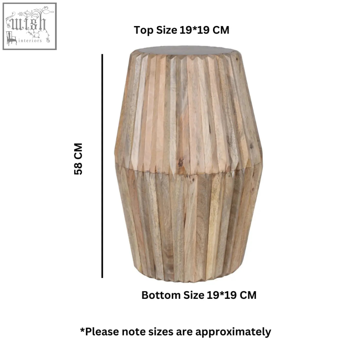 Rustic tapered cylindrical mango wood end table with natural lacquered finish and vertical ribbed texture