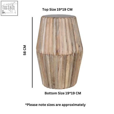 Rustic tapered cylindrical mango wood end table with natural lacquered finish and vertical ribbed texture