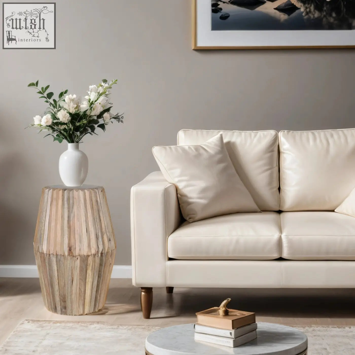 White ceramic vase with flowers on lacquered finish mango wood preston mango wood end table