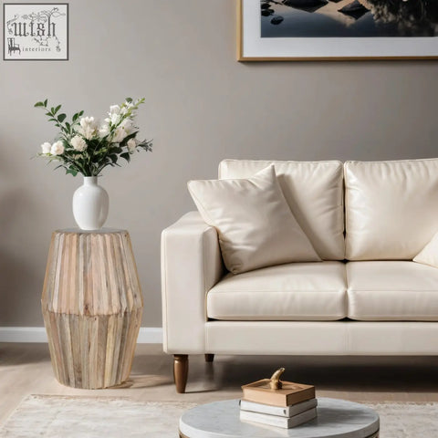 White ceramic vase with flowers on lacquered finish mango wood preston mango wood end table