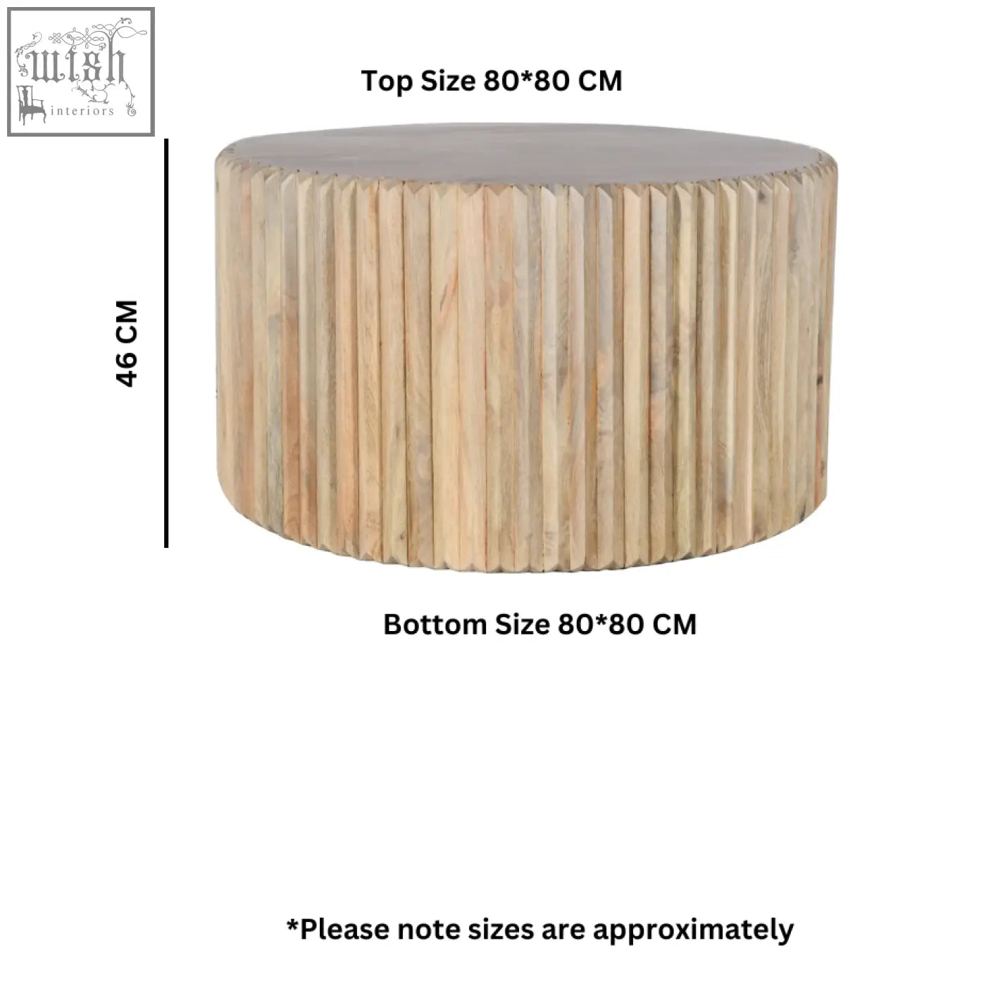 Preston mango wood round coffee table with natural wood finish and vertical slats measuring 80 cm diameter and 46 cm height