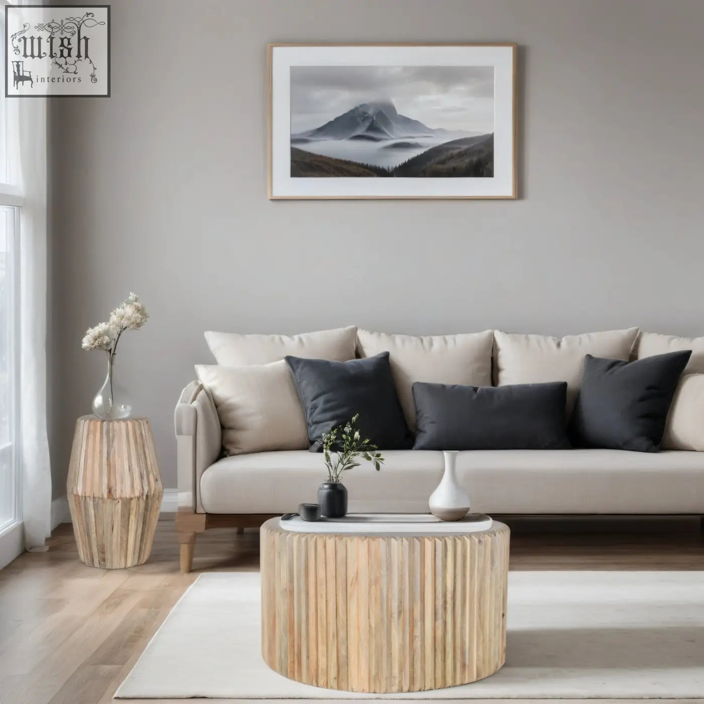 Light wood mango wood round coffee table with vertical slats and white top for modern living spaces