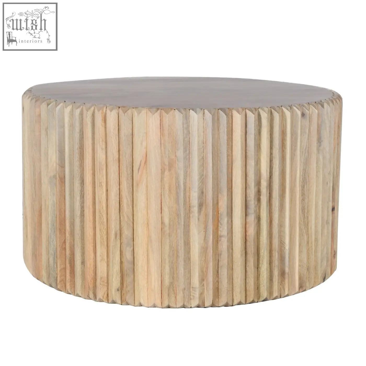Preston mango wood round coffee table with a smooth gray top and textured light mango wood slat design