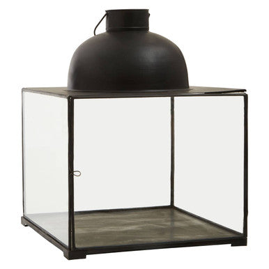 Small antique black lantern with clear glass panels and a domed top perfect for vintage decor