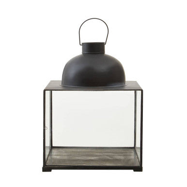 Preston small antique black lantern with glass enclosure and curved handle made of metal in small antique black finish