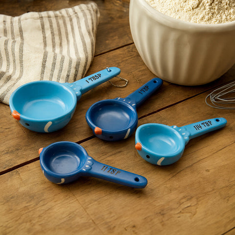 Pretty things set of 4 birdy measuring spoons blue ceramic chick design with orange beak and white markings
