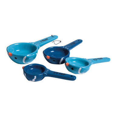 Set of four blue ceramic birdy measuring spoons with white markings from the pretty things collection