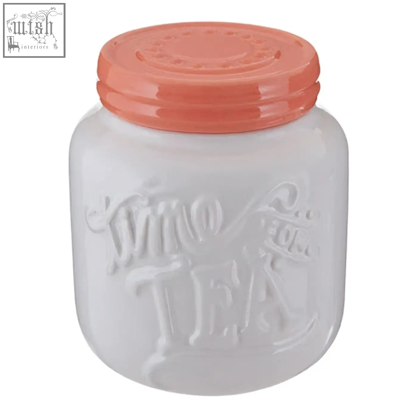 White ceramic pretty things tea canister with coral lid and embossed sweet treat text for stylish storage