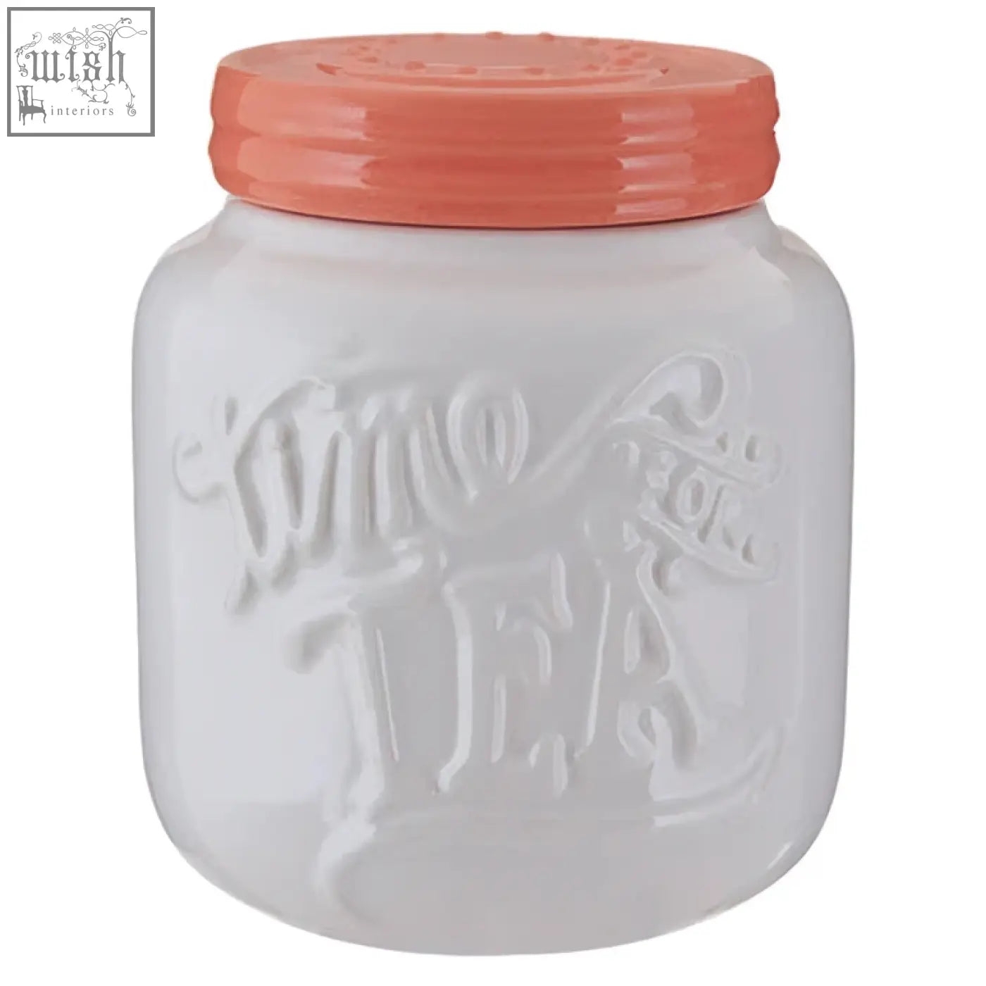 Pretty things tea canister white ceramic jar with embossed mino tea lettering and coral screw-on lid