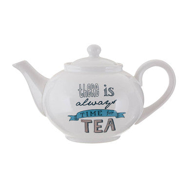 White ceramic pretty things teapot with glossy finish and there is always time for tea lettering on rounded body