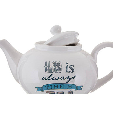 White ceramic pretty things teapot with lid featuring there is always time for tea in black and blue lettering