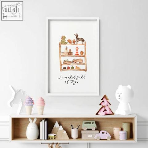 A framed wall art print of a colorful wooden toy shelf in a white frame perfect for nursery bohemian decor