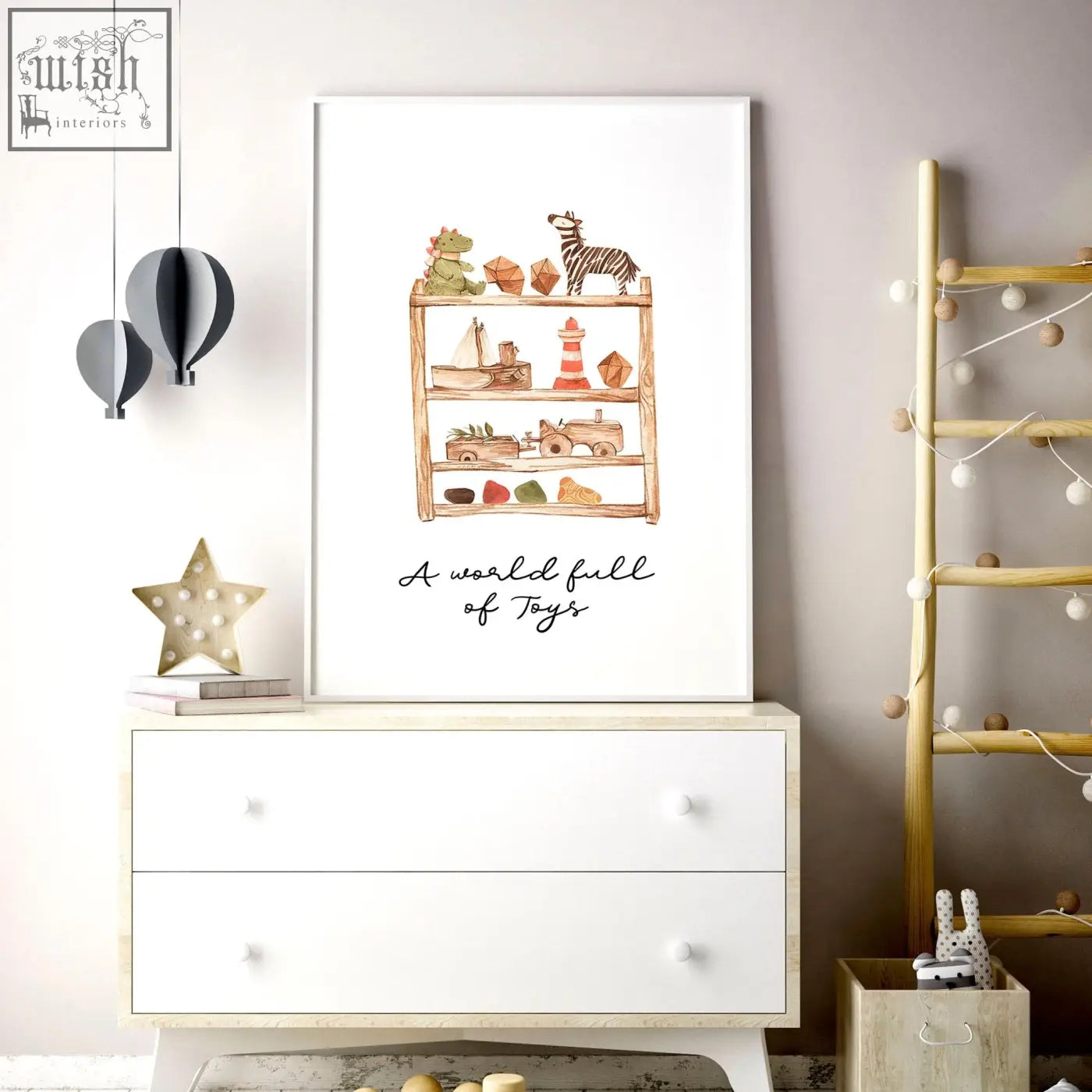 A framed bohemian wall art print with a wooden toy shelf illustration and a world full of toys text for nursery decor