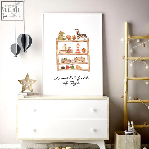 A framed bohemian wall art print with a wooden toy shelf illustration and a world full of toys text for nursery decor