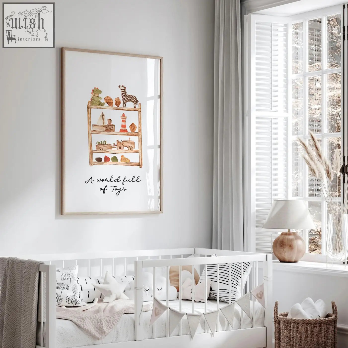 A framed wall art print with a light wood frame showing a toy shelf and text for nursery bohemian decor